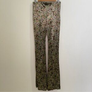 Zara Crushed Velvet High Waisted Floral Flare Leg Pants - Brown/Green/Yellow